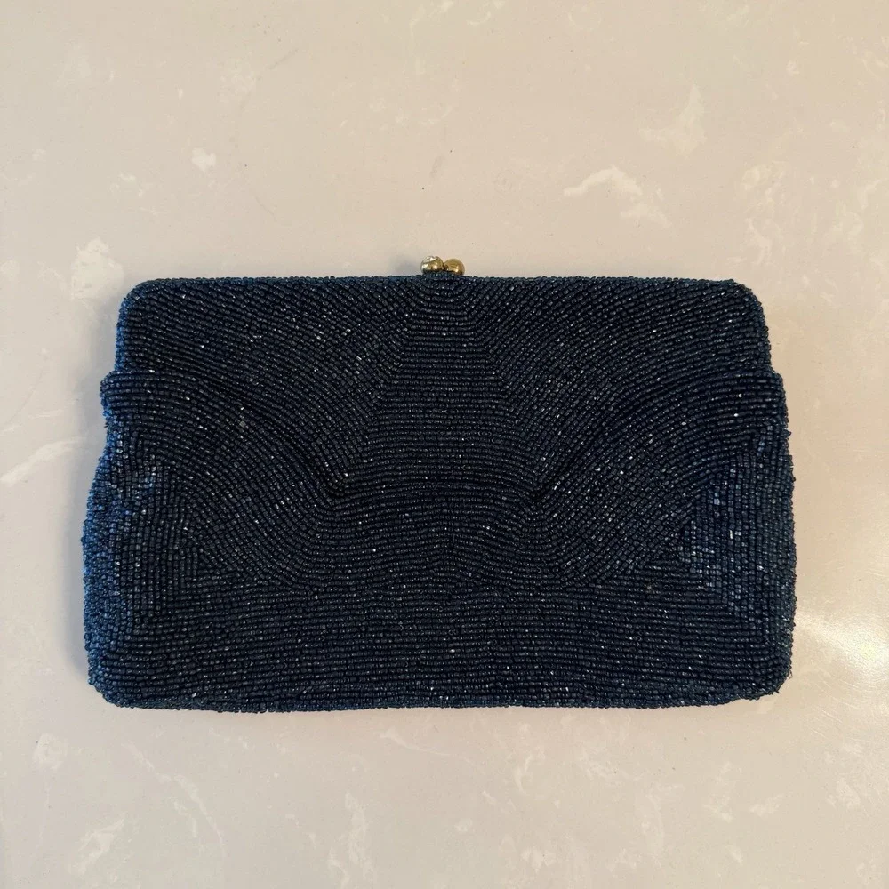 Vintage 60s Walborg Beaded Clutch Evening Bag Rhinestone Clasp Navy